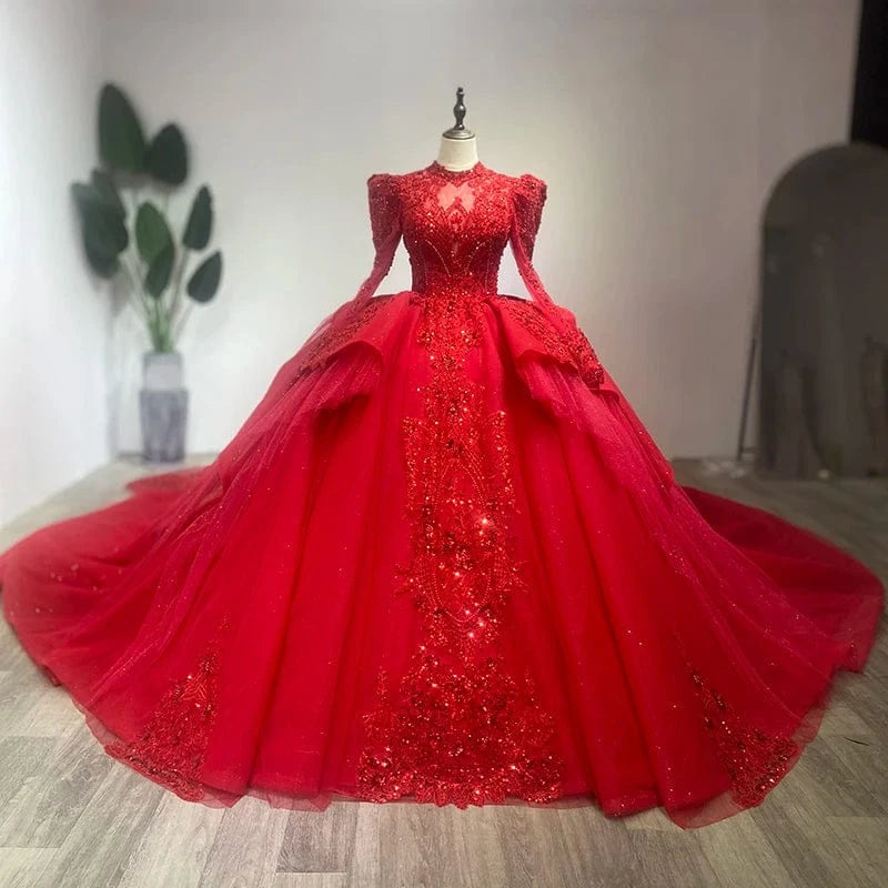Luxury Red Wedding Dresses Long Sleeve High Neck Applique Lace Up Church Bride Gowns Wm30