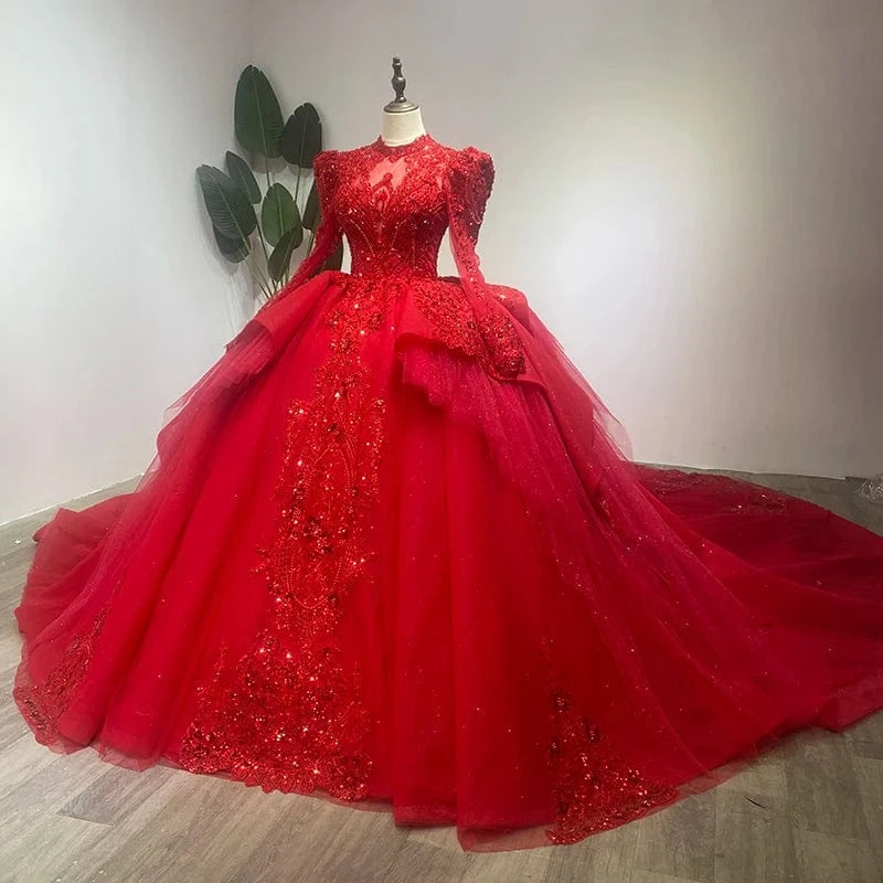Luxury Red Wedding Dresses Long Sleeve High Neck Applique Lace Up Church Bride Gowns Wm30
