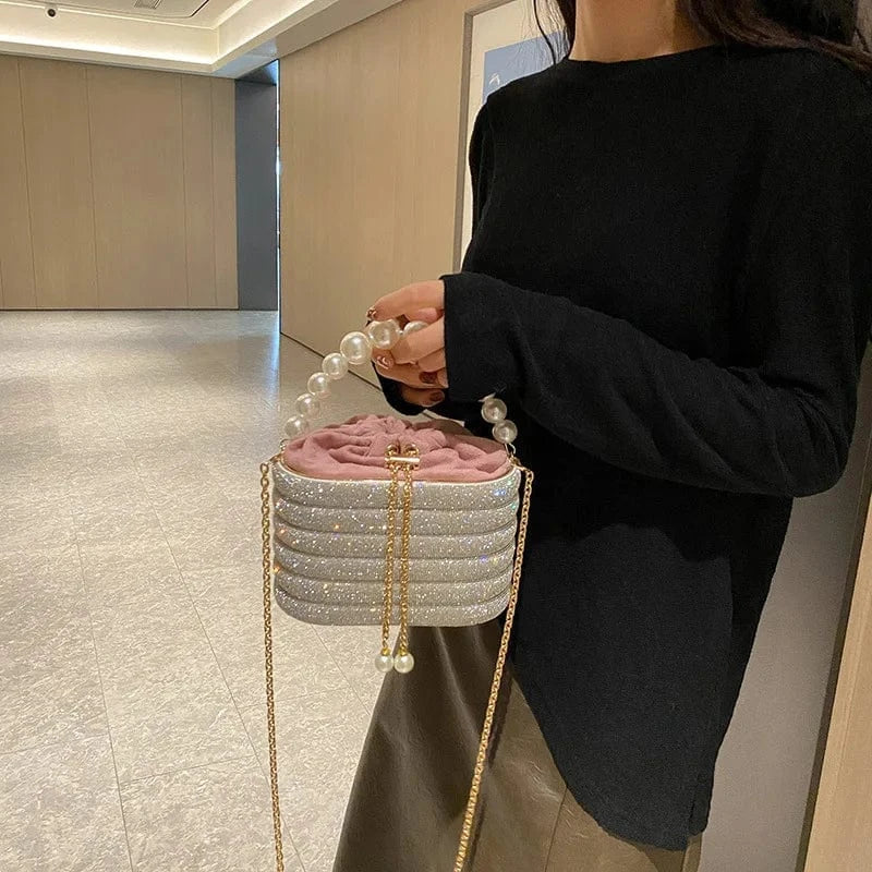 Luxury Satin String Metal Cage Pearl Beaded Handle Handbag Glitter Shiny Diamonds Evening Bag Wedding Clutch Purse Crossbody Bag