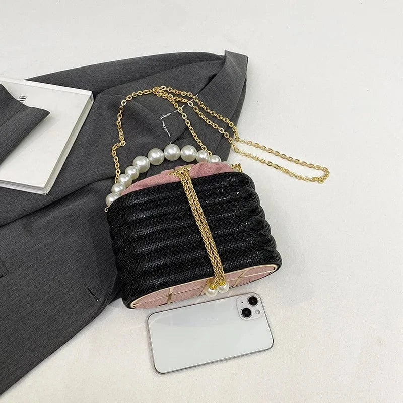 Luxury Satin String Metal Cage Pearl Beaded Handle Handbag Glitter Shiny Diamonds Evening Bag Wedding Clutch Purse Crossbody Bag