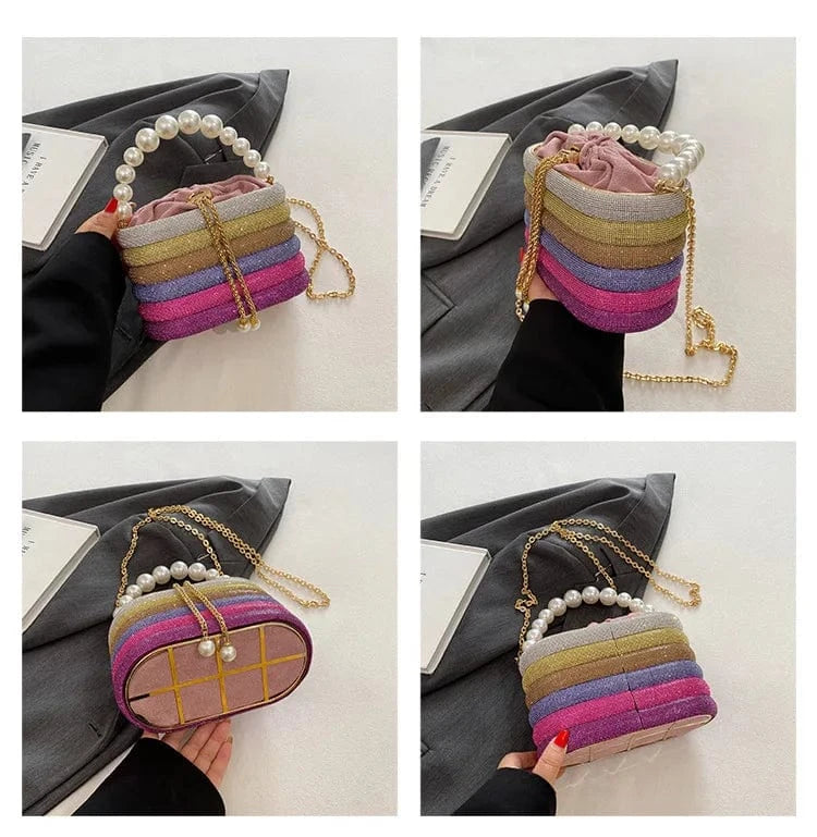 Luxury Satin String Metal Cage Pearl Beaded Handle Handbag Glitter Shiny Diamonds Evening Bag Wedding Clutch Purse Crossbody Bag