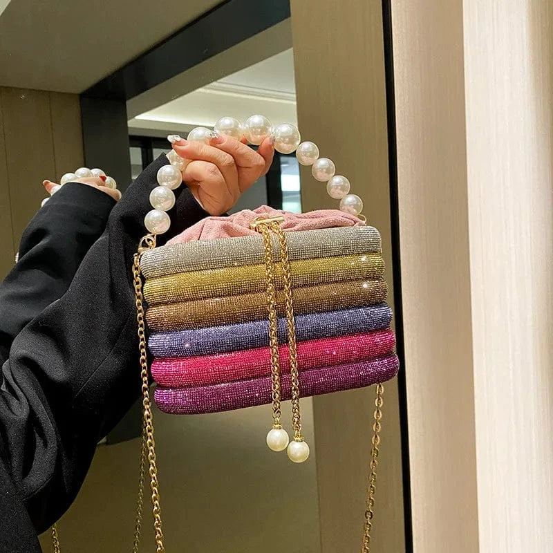 Luxury Satin String Metal Cage Pearl Beaded Handle Handbag Glitter Shiny Diamonds Evening Bag Wedding Clutch Purse Crossbody Bag