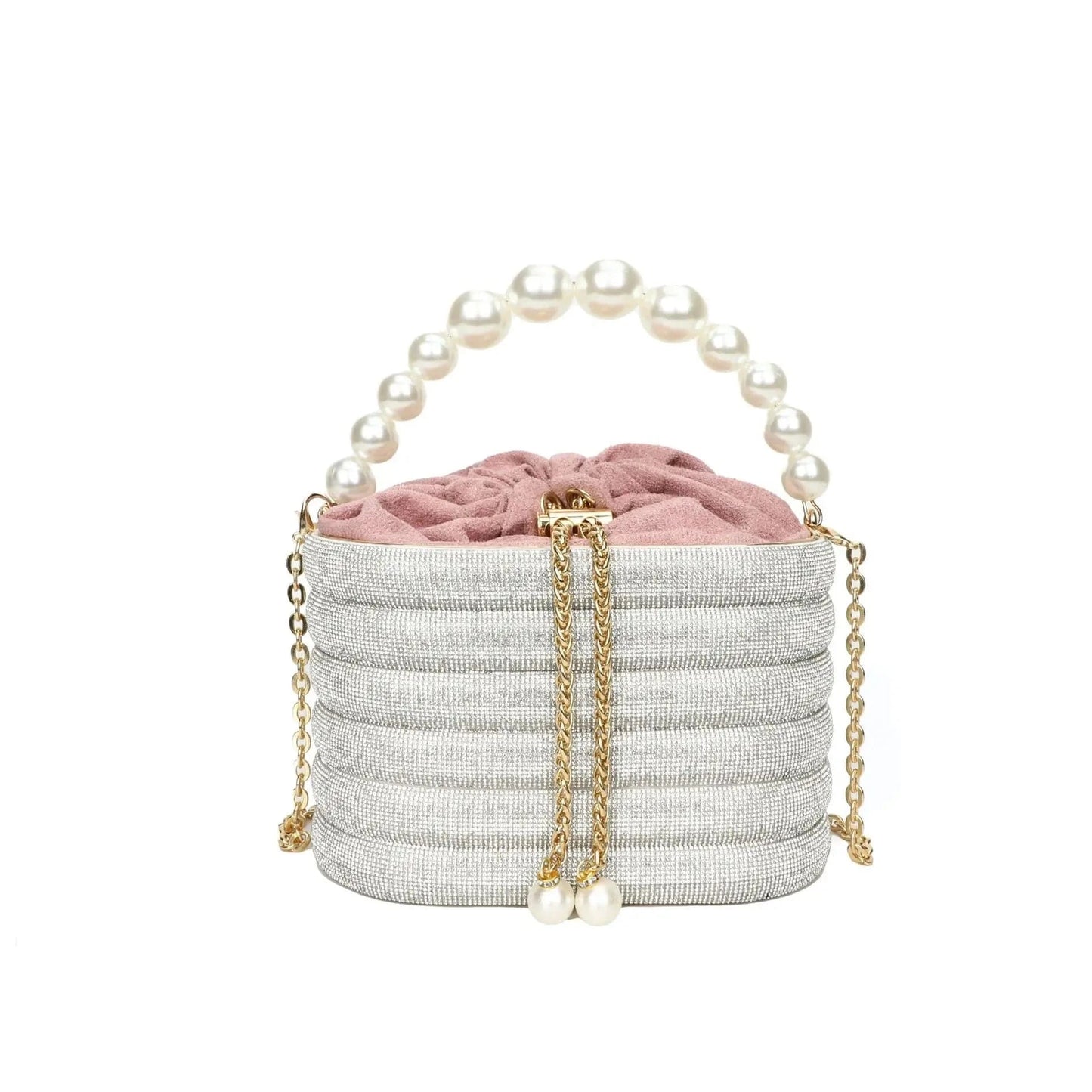 Luxury Satin String Metal Cage Pearl Beaded Handle Handbag Glitter Shiny Diamonds Evening Bag Wedding Clutch Purse Crossbody Bag