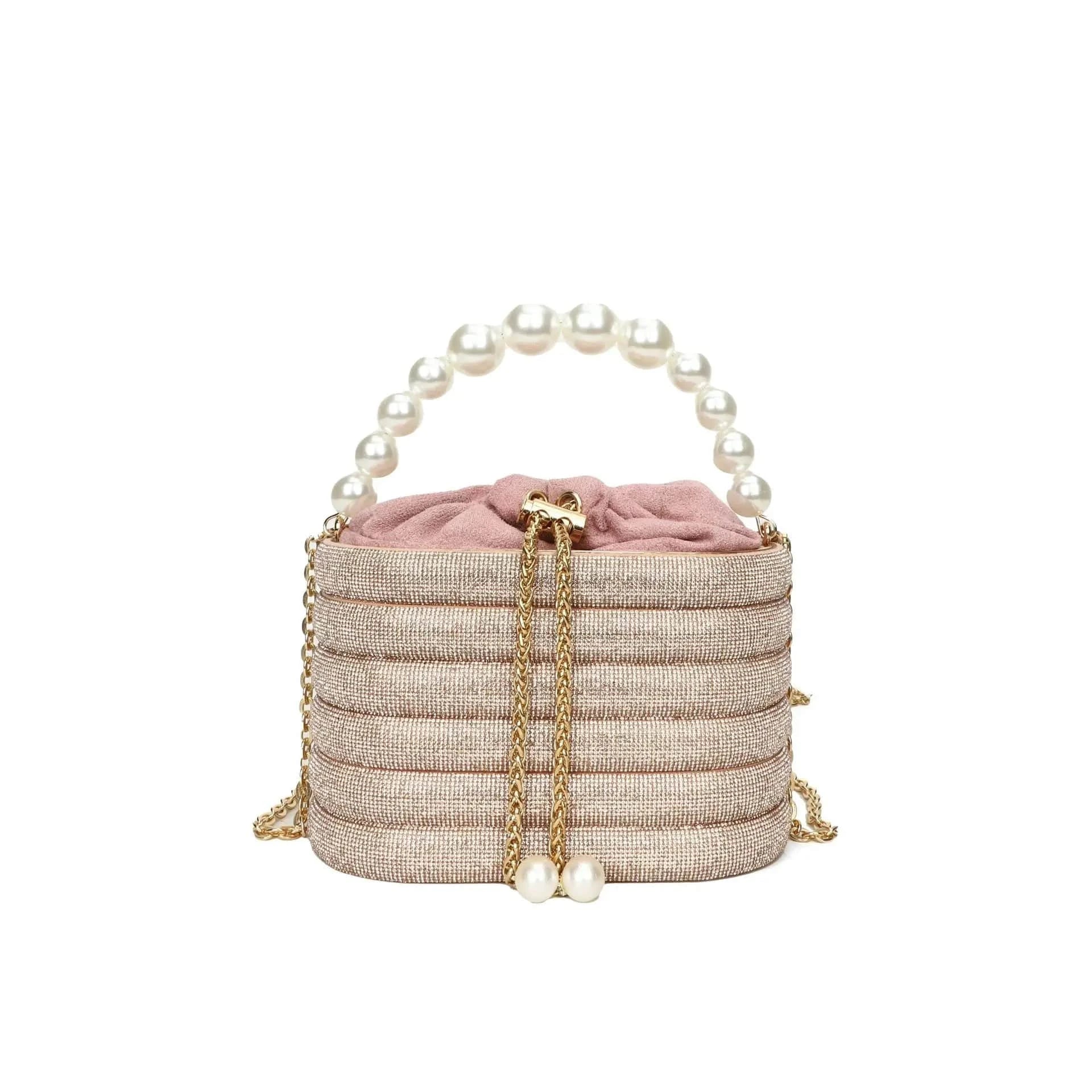 Luxury Satin String Metal Cage Pearl Beaded Handle Handbag Glitter Shiny Diamonds Evening Bag Wedding Clutch Purse Crossbody Bag