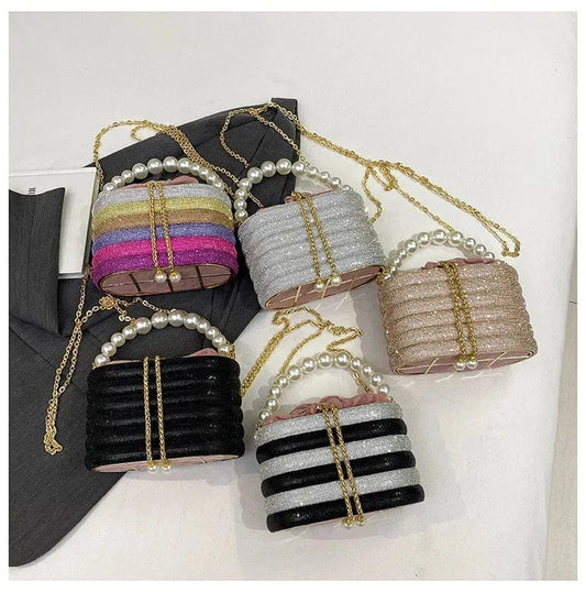 Luxury Satin String Metal Cage Pearl Beaded Handle Handbag Glitter Shiny Diamonds Evening Bag Wedding Clutch Purse Crossbody Bag