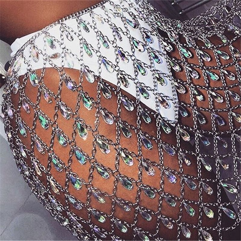 Luxury Sparkly Crystal Skirt Women Sexy See Through Mesh Fishnet Hollow Out  Fashion Blingbling Rhinestones Pendant  Lady Skirt