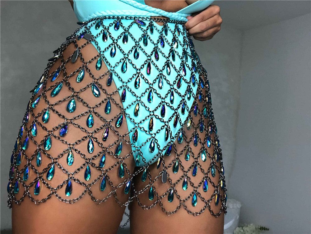 Luxury Sparkly Crystal Skirt Women Sexy See Through Mesh Fishnet Hollow Out  Fashion Blingbling Rhinestones Pendant  Lady Skirt
