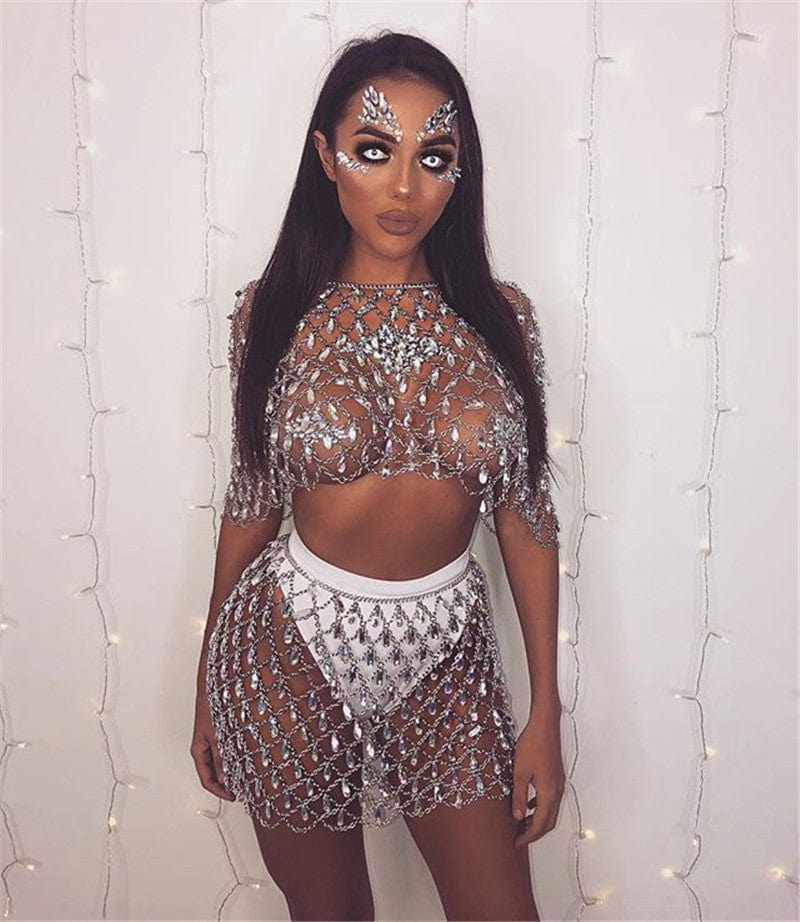 Luxury Sparkly Crystal Skirt Women Sexy See Through Mesh Fishnet Hollow Out  Fashion Blingbling Rhinestones Pendant  Lady Skirt