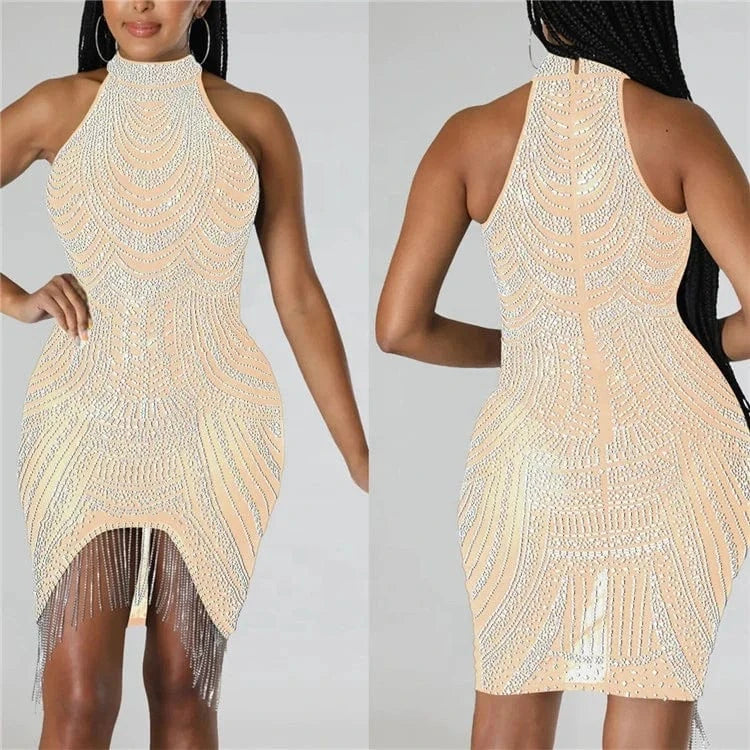 Luxury Sparkly Diamond Tassel Bodycon Evening Mini Dress for Women Nightclub Rhinestone Birthday Party Dress