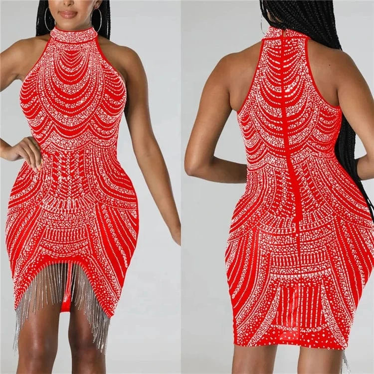 Luxury Sparkly Diamond Tassel Bodycon Evening Mini Dress for Women Nightclub Rhinestone Birthday Party Dress
