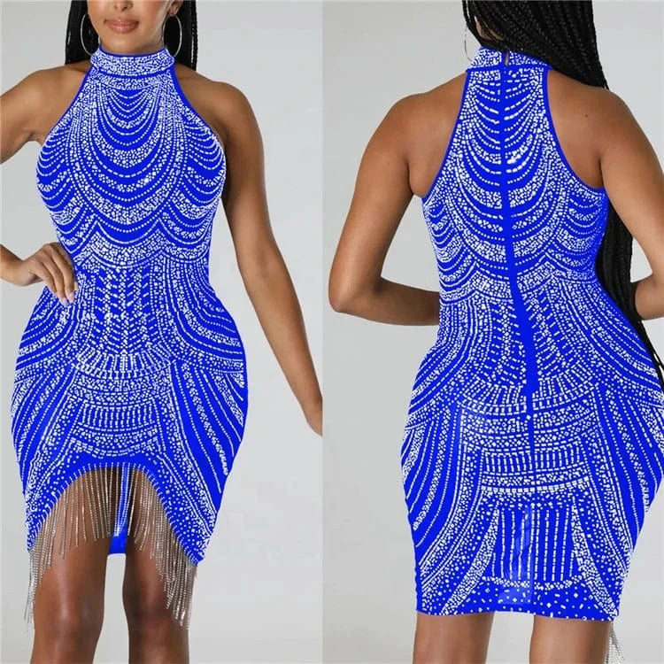 Luxury Sparkly Diamond Tassel Bodycon Evening Mini Dress for Women Nightclub Rhinestone Birthday Party Dress