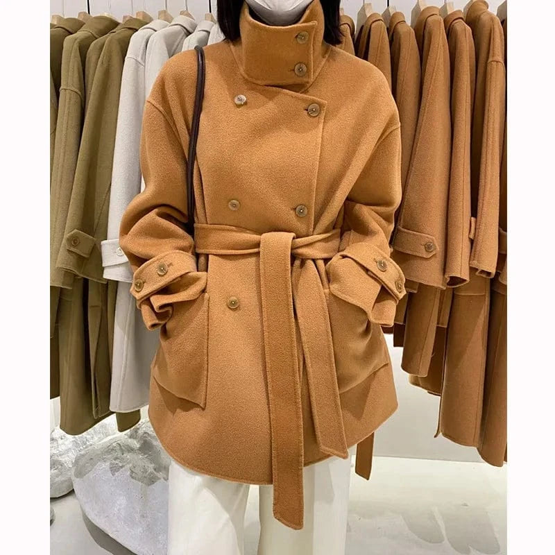 Luxury Warm Lamb Wool Over Coat Double Breasted Women Cashmere Wool Winter Coat Autumn Winter Spring