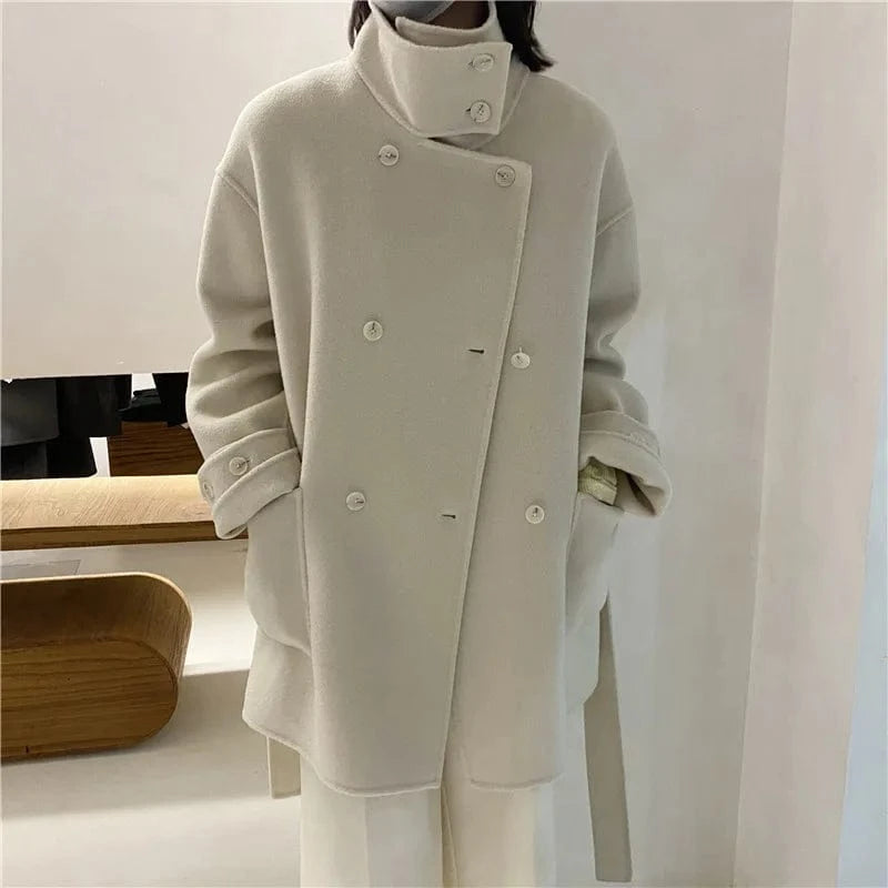 Luxury Warm Lamb Wool Over Coat Double Breasted Women Cashmere Wool Winter Coat Autumn Winter Spring