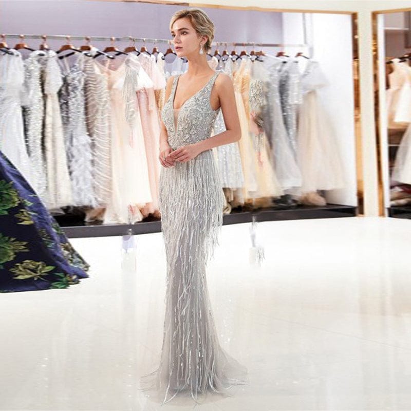 Luxury wedding cocktail dresses women elegant bodycon v neck sequin dress fringes bead evening prom maxi dress party gowns