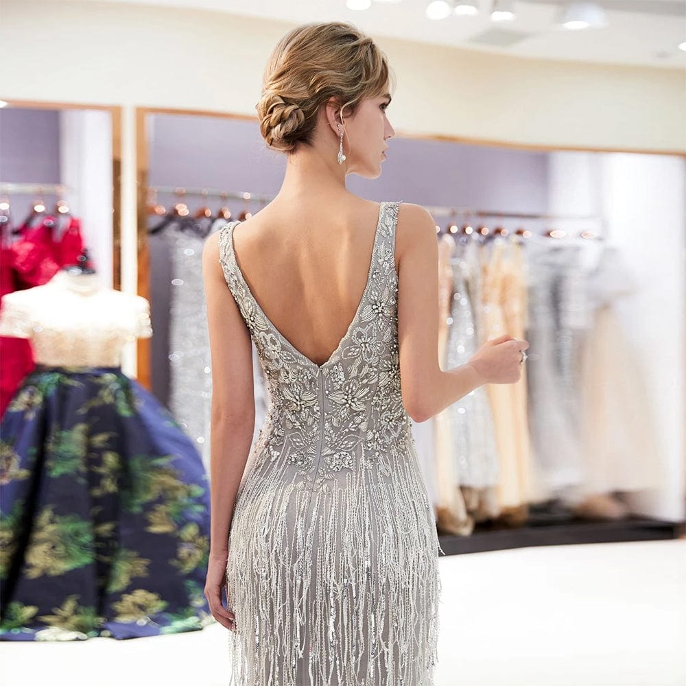 Luxury wedding cocktail dresses women elegant bodycon v neck sequin dress fringes bead evening prom maxi dress party gowns