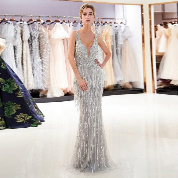 Luxury wedding cocktail dresses women elegant bodycon v neck sequin dress fringes bead evening prom maxi dress party gowns