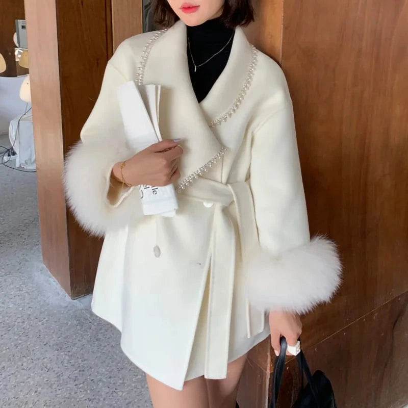 Luxury Winter Warm Sheep Wool Fur Coat Women Genuine Cashmere Wool Coat with Fur Trim