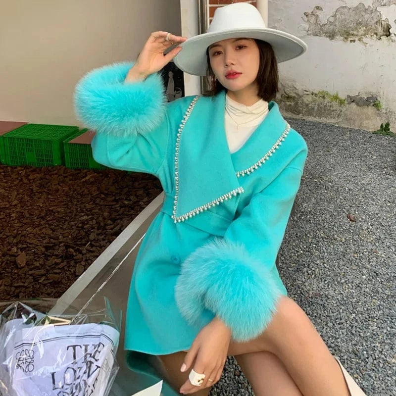 Luxury Winter Warm Sheep Wool Fur Coat Women Genuine Cashmere Wool Coat with Fur Trim