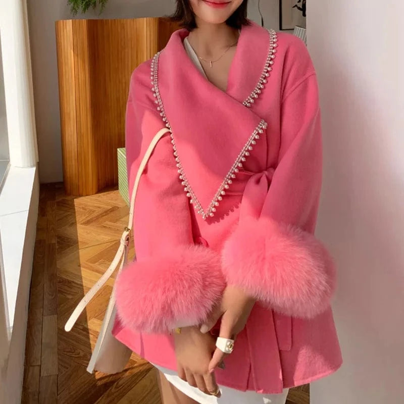 Luxury Winter Warm Sheep Wool Fur Coat Women Genuine Cashmere Wool Coat with Fur Trim
