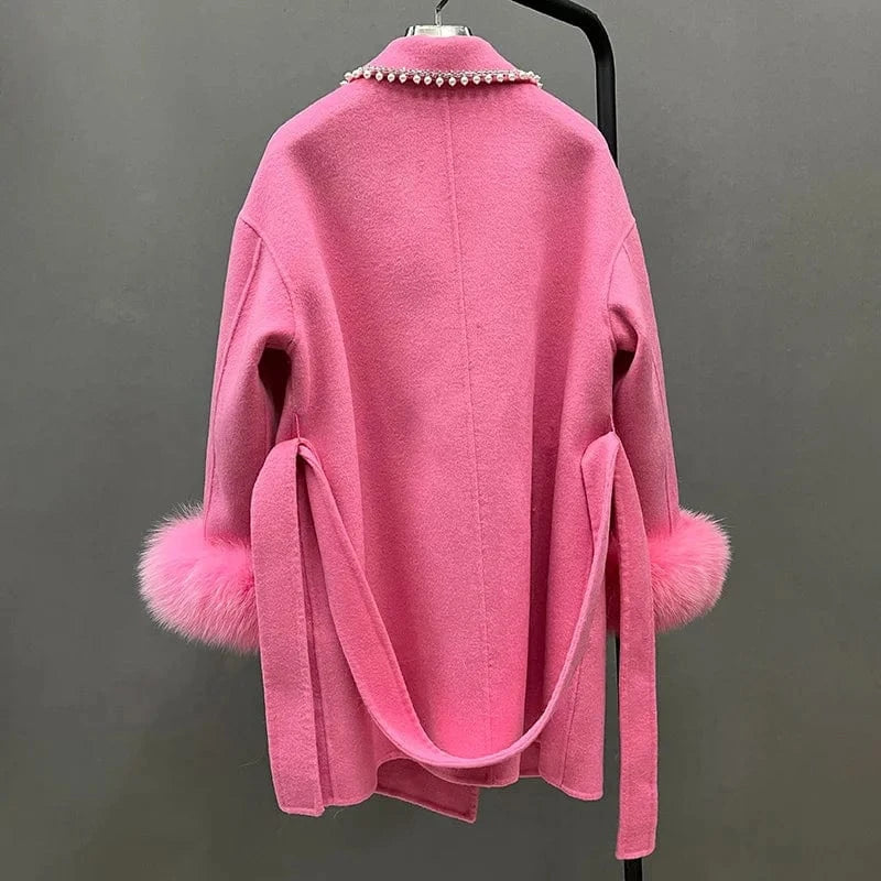 Luxury Winter Warm Sheep Wool Fur Coat Women Genuine Cashmere Wool Coat with Fur Trim