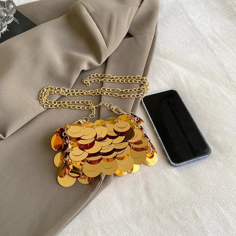 Luxury Women Bags Designer Silver Metal Sequins Chain Woven Purse Evening Bags Clutch Female Travel Holiday Shoulder Bag Handbag