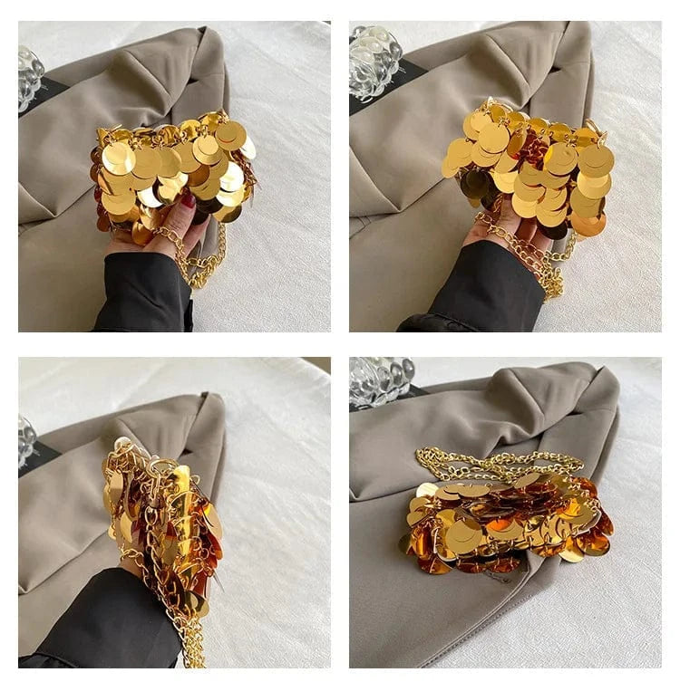 Luxury Women Bags Designer Silver Metal Sequins Chain Woven Purse Evening Bags Clutch Female Travel Holiday Shoulder Bag Handbag