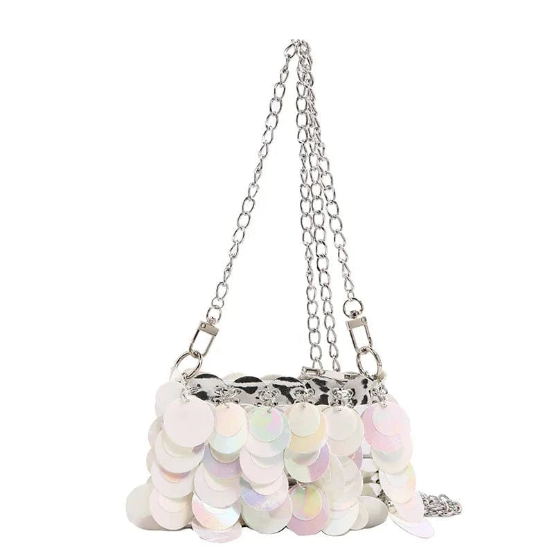 Luxury Women Bags Designer Silver Metal Sequins Chain Woven Purse Evening Bags Clutch Female Travel Holiday Shoulder Bag Handbag