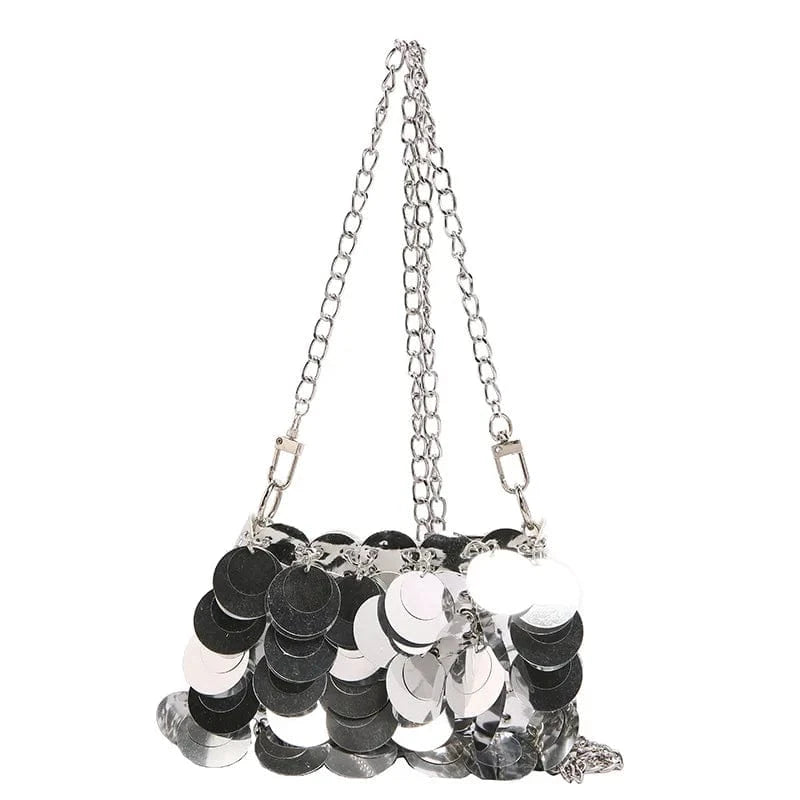 Luxury Women Bags Designer Silver Metal Sequins Chain Woven Purse Evening Bags Clutch Female Travel Holiday Shoulder Bag Handbag