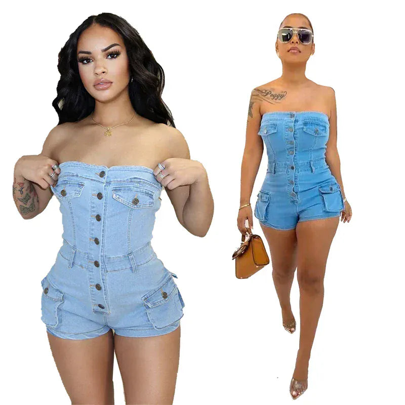 luxury women ladies hot sexy skinny girls tight solid blue strapless denim jean shorts overall romper jumpsuit outfit for women