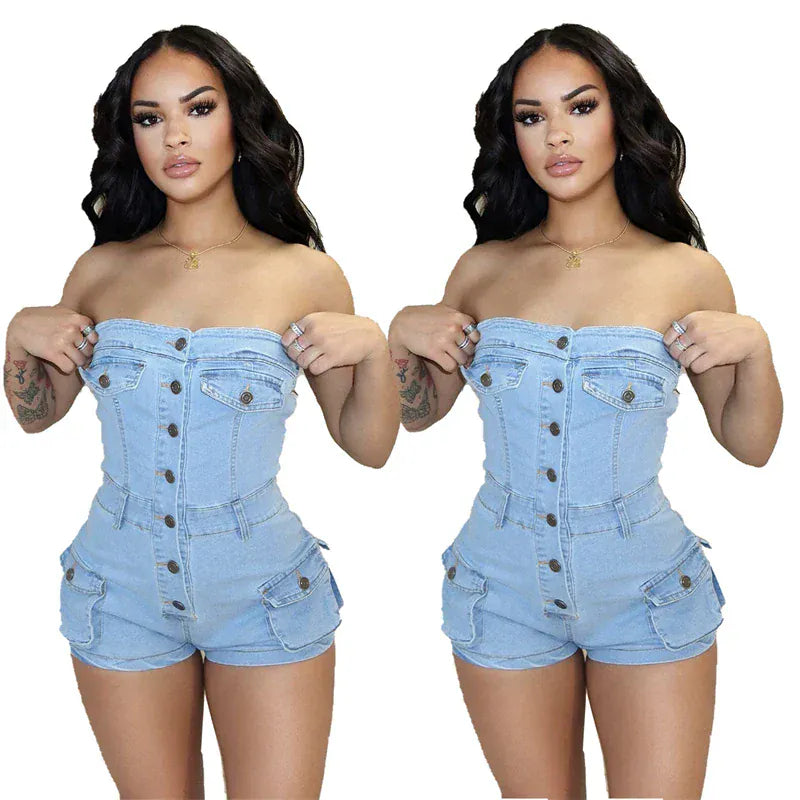 luxury women ladies hot sexy skinny girls tight solid blue strapless denim jean shorts overall romper jumpsuit outfit for women
