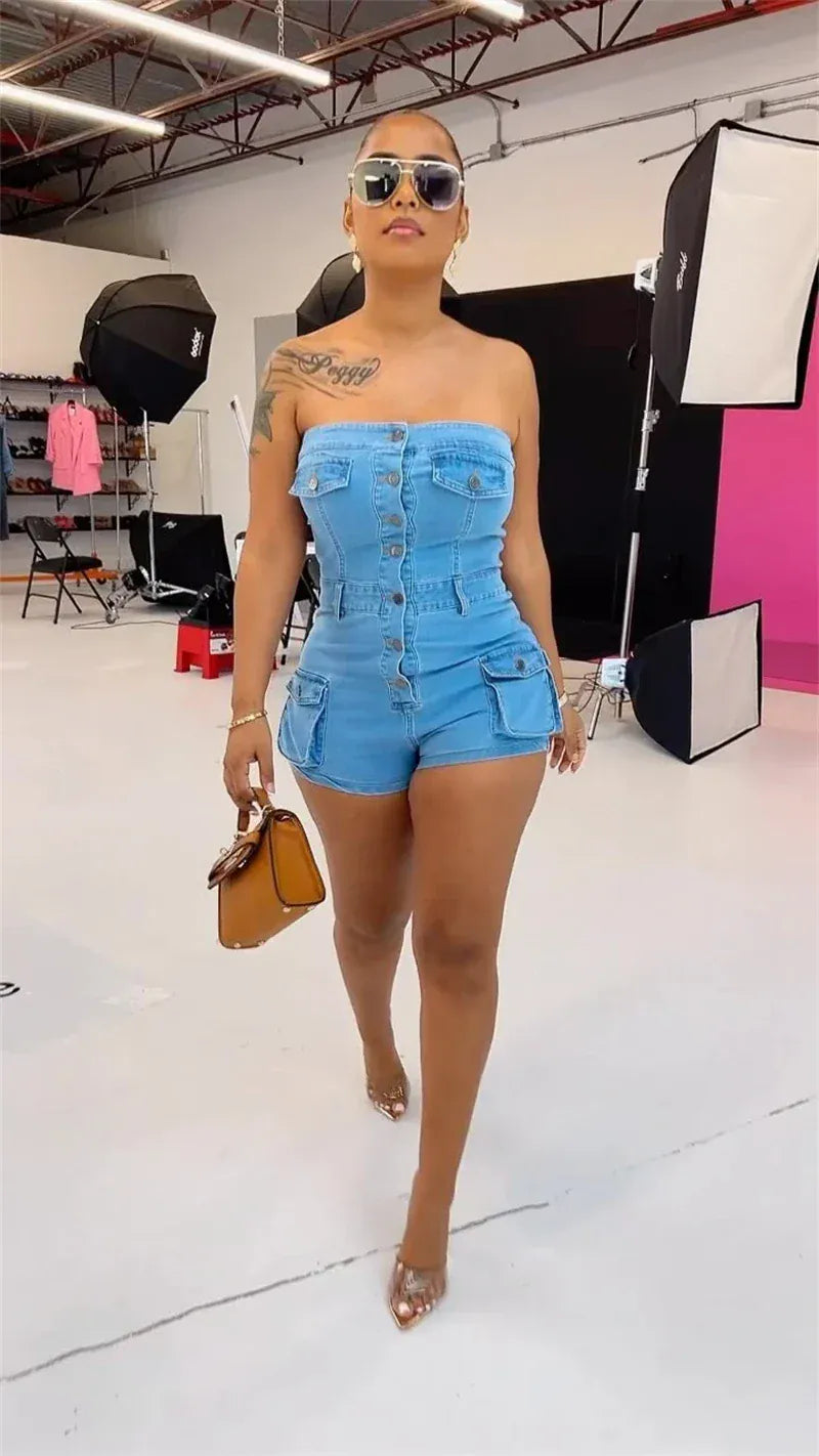 luxury women ladies hot sexy skinny girls tight solid blue strapless denim jean shorts overall romper jumpsuit outfit for women