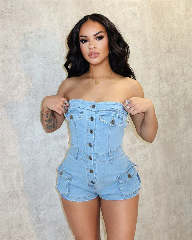 luxury women ladies hot sexy skinny girls tight solid blue strapless denim jean shorts overall romper jumpsuit outfit for women