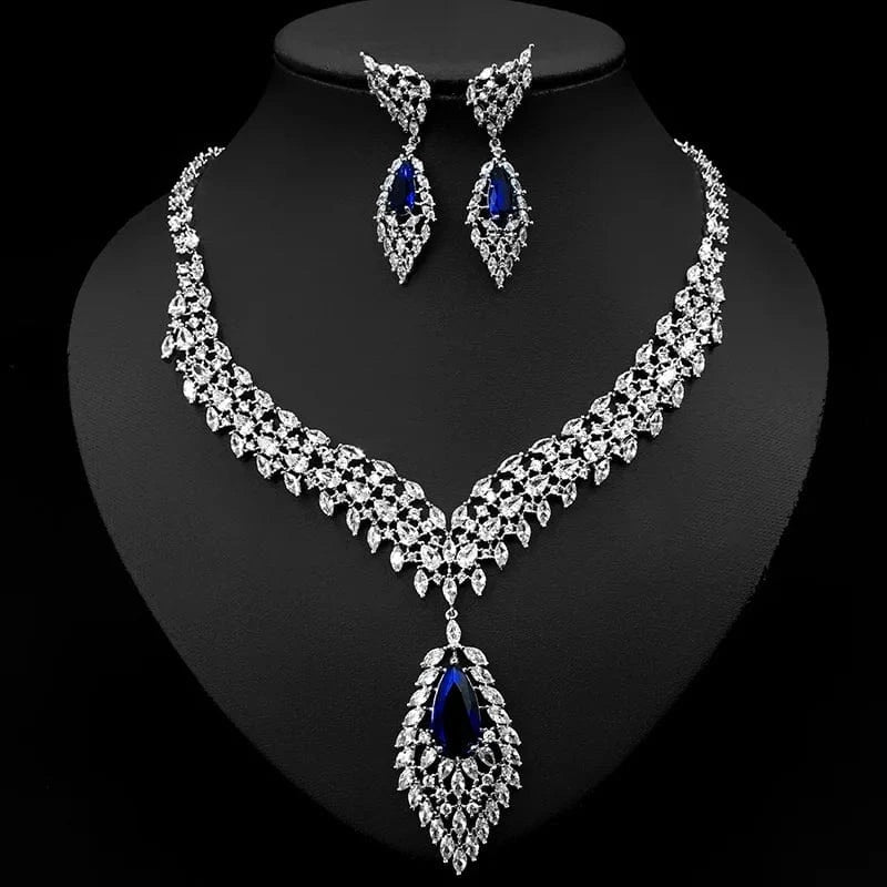 Luxury Zircon Jewelry Statement Geometric Crystal Necklace Drop Earring Women Fashion Bridal Engagement Wedding Jewelry Set