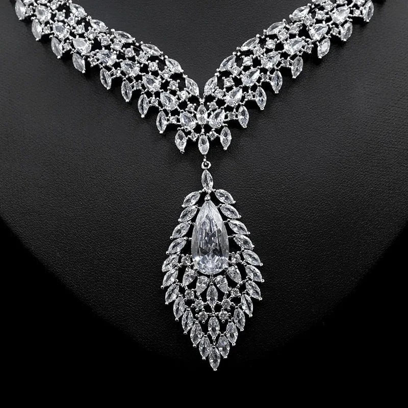 Luxury Zircon Jewelry Statement Geometric Crystal Necklace Drop Earring Women Fashion Bridal Engagement Wedding Jewelry Set