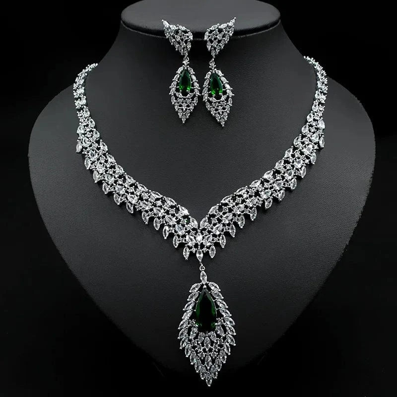 Luxury Zircon Jewelry Statement Geometric Crystal Necklace Drop Earring Women Fashion Bridal Engagement Wedding Jewelry Set