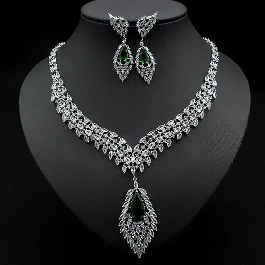 Luxury Zircon Jewelry Statement Geometric Crystal Necklace Drop Earring Women Fashion Bridal Engagement Wedding Jewelry Set