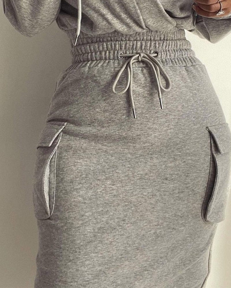 LW 2022 summer solid color slim fitted 2 piece long sleeve deep v pullover hoodie and dresses set clothing skirt two piece set
