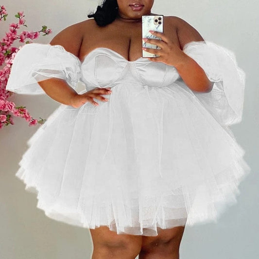 LW 5XL woven mesh summer women solid color off the shoulder loose short sexy prom dresses elegant plus size evening dresses