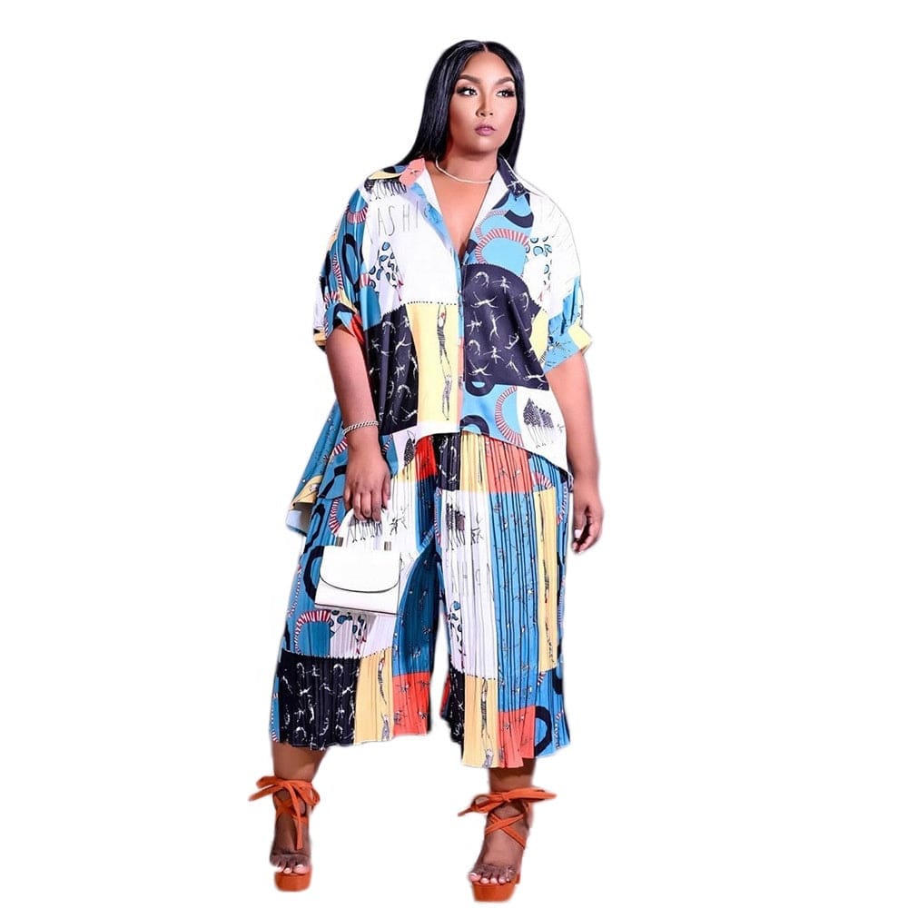 LW plus size set sexy printed short sleeve cardigan blouses shirt top 2piece women outfit top shirts and pants sets