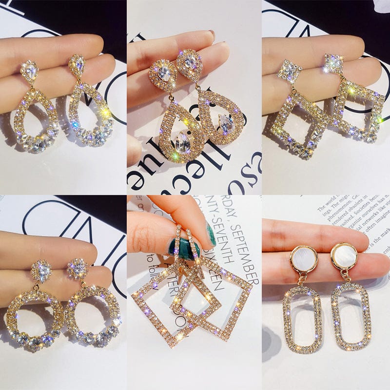 LWI60124 Oorbellen European 925 Silver Post Geometric 18k Gold Sparkly Rhinestone Square Shiny Bling Crystal Tear Drop Earrings