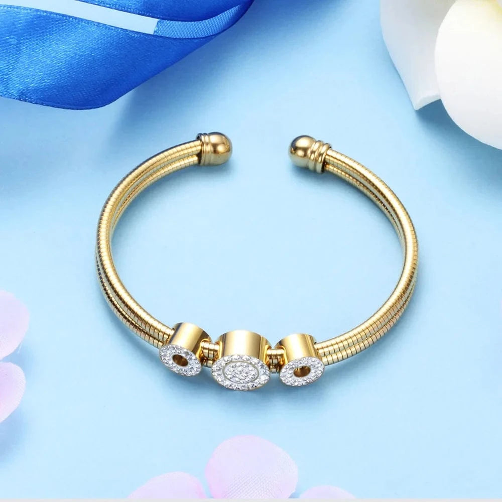 LWI61629 Women High Quality Stainless Steel Double Layers Snake Chain Crystal Charm Cubic Zirconia Open Cuff Bracelet Bangle