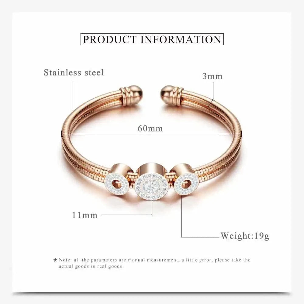 LWI61629 Women High Quality Stainless Steel Double Layers Snake Chain Crystal Charm Cubic Zirconia Open Cuff Bracelet Bangle