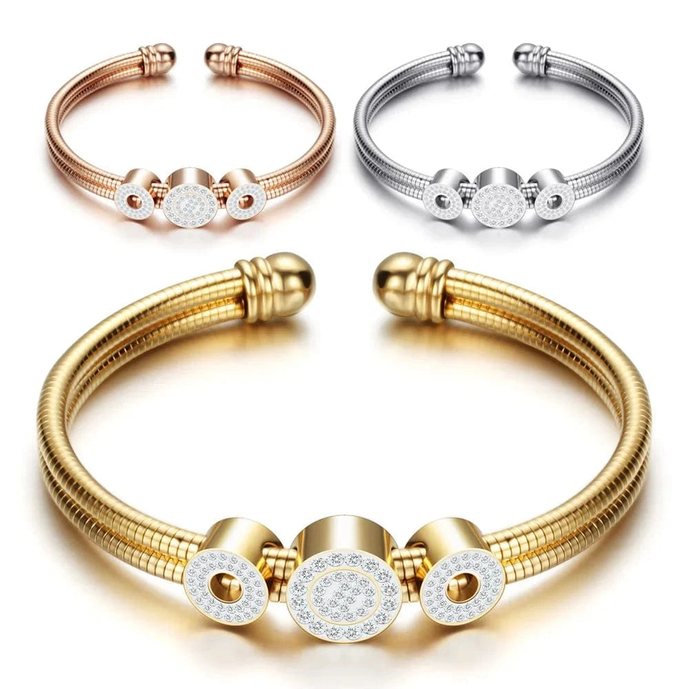 LWI61629 Women High Quality Stainless Steel Double Layers Snake Chain Crystal Charm Cubic Zirconia Open Cuff Bracelet Bangle