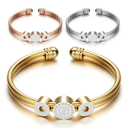 LWI61629 Women High Quality Stainless Steel Double Layers Snake Chain Crystal Charm Cubic Zirconia Open Cuff Bracelet Bangle