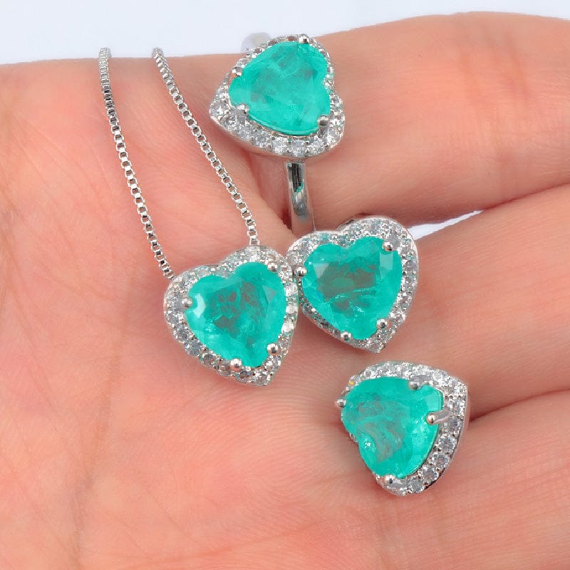 LWJS80172 4 Pcs Simple Heart Shaped Sapphire Earrings Rings Necklace Platinum Plated Paraiba Tourmaline Jewelry Set For Wedding