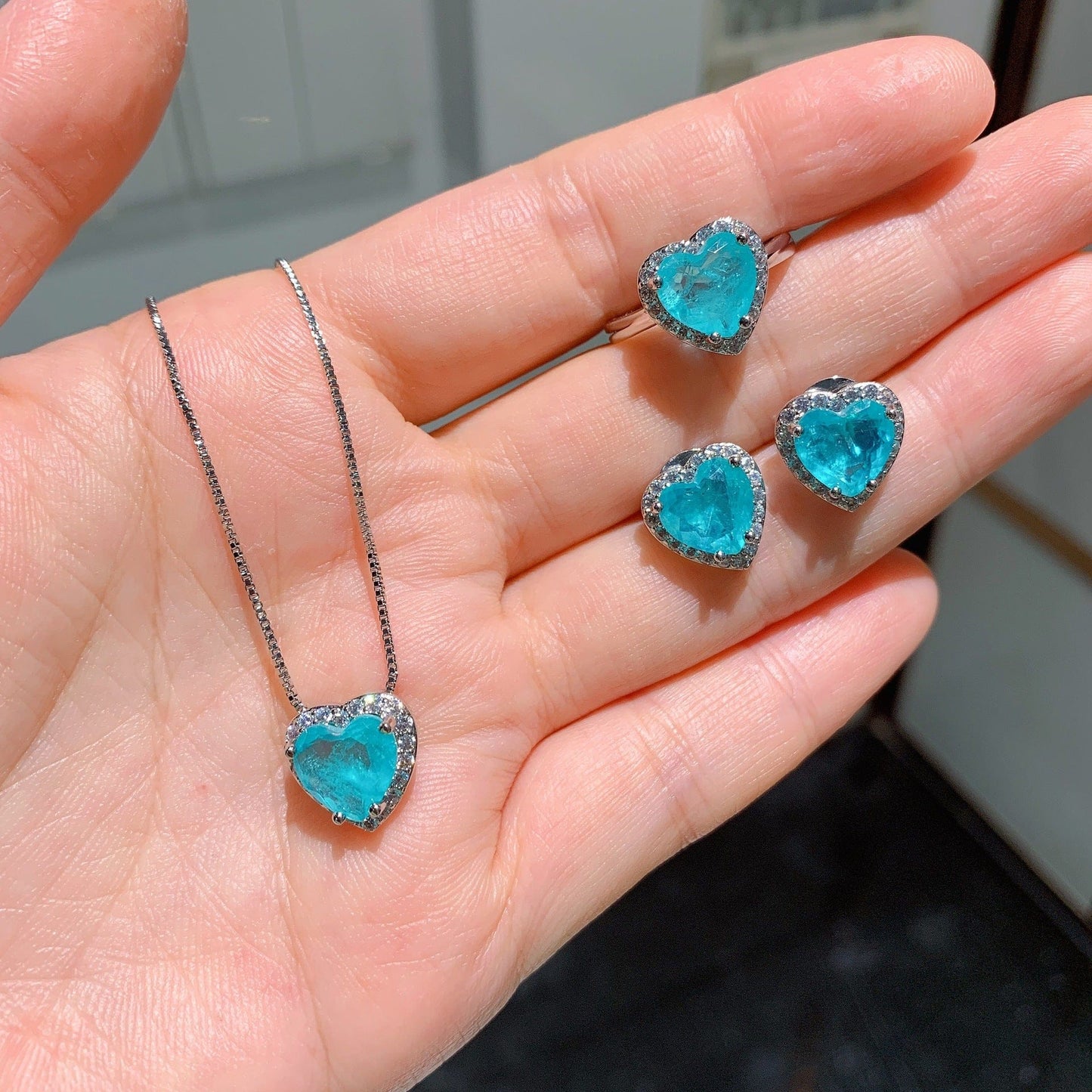 LWJS80172 4 Pcs Simple Heart Shaped Sapphire Earrings Rings Necklace Platinum Plated Paraiba Tourmaline Jewelry Set For Wedding