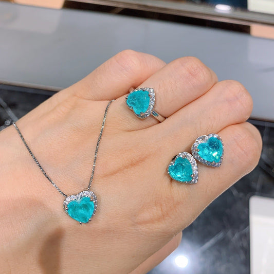 LWJS80172 4 Pcs Simple Heart Shaped Sapphire Earrings Rings Necklace Platinum Plated Paraiba Tourmaline Jewelry Set For Wedding