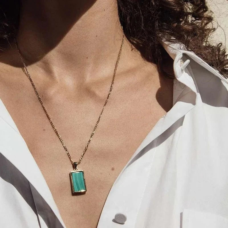LWN41163 Dropshipping Rectangle Abalone Malachite Onyx Mother Of Shell Pendant Willow Gold Plated Stainless Chain Necklace