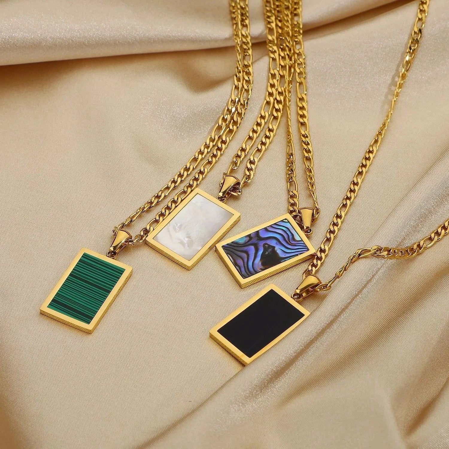 LWN41163 Dropshipping Rectangle Abalone Malachite Onyx Mother Of Shell Pendant Willow Gold Plated Stainless Chain Necklace