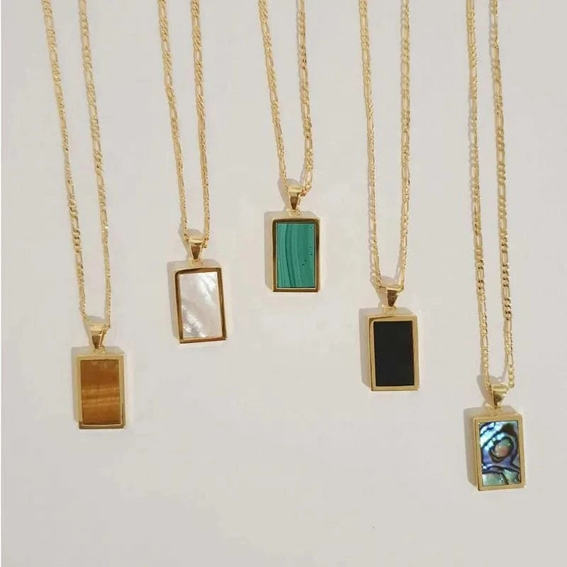 LWN41163 Dropshipping Rectangle Abalone Malachite Onyx Mother Of Shell Pendant Willow Gold Plated Stainless Chain Necklace